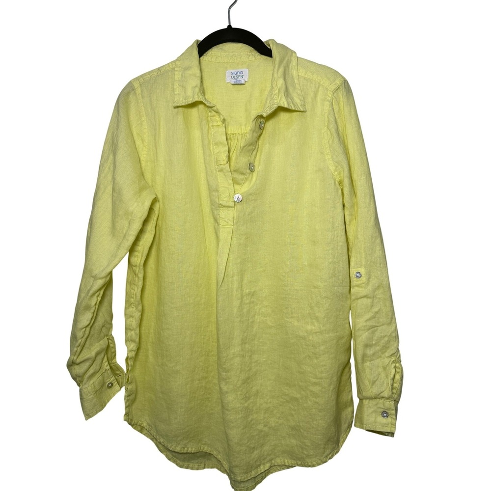 Sigrid‎ Olsen Womens Yellow 100% Linen Roll Tab Sleeve Popover Tunic Shirt M